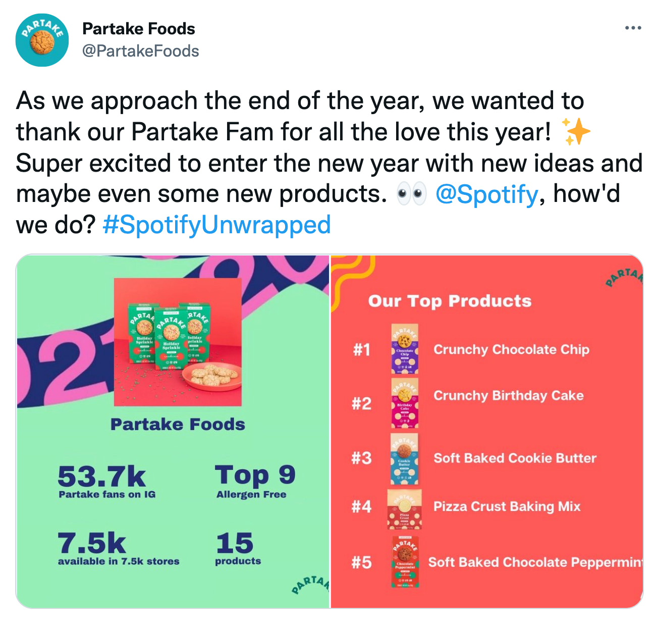 一个ob欧宝娱乐app下载地址可以使用的营销理念是在热门话题上跳跃,就像Partake Foods对Spotify Wrapped所做的那样