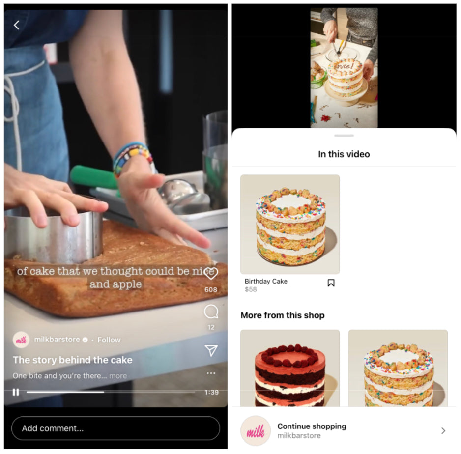 Screenshot of Milk Bar using Instagram’s social commerce features