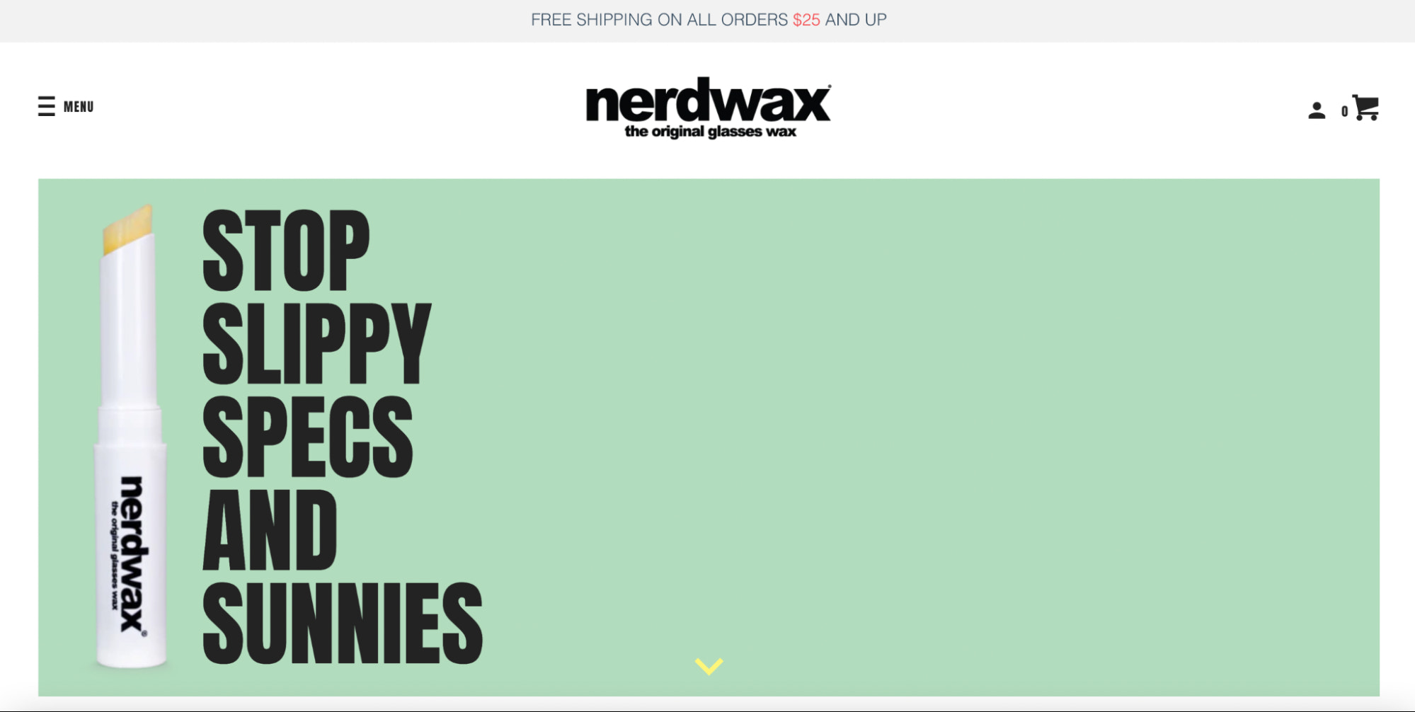 Nerdwax的主页,在绿色背景上展示了它的产品,上面写着“停止滑动眼镜和太阳镜”