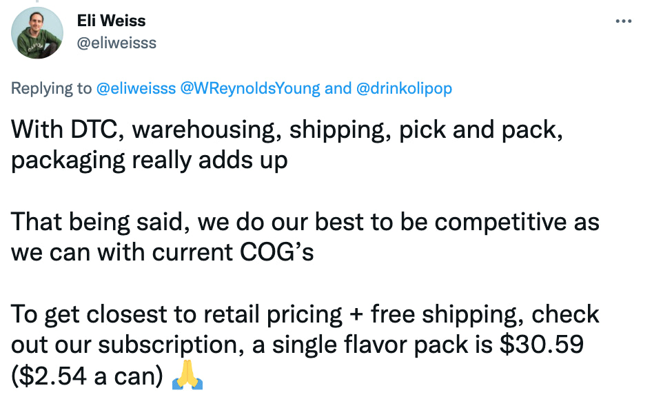 OLIPOP的Eli Weiss分享了他对竞争性定价的看法