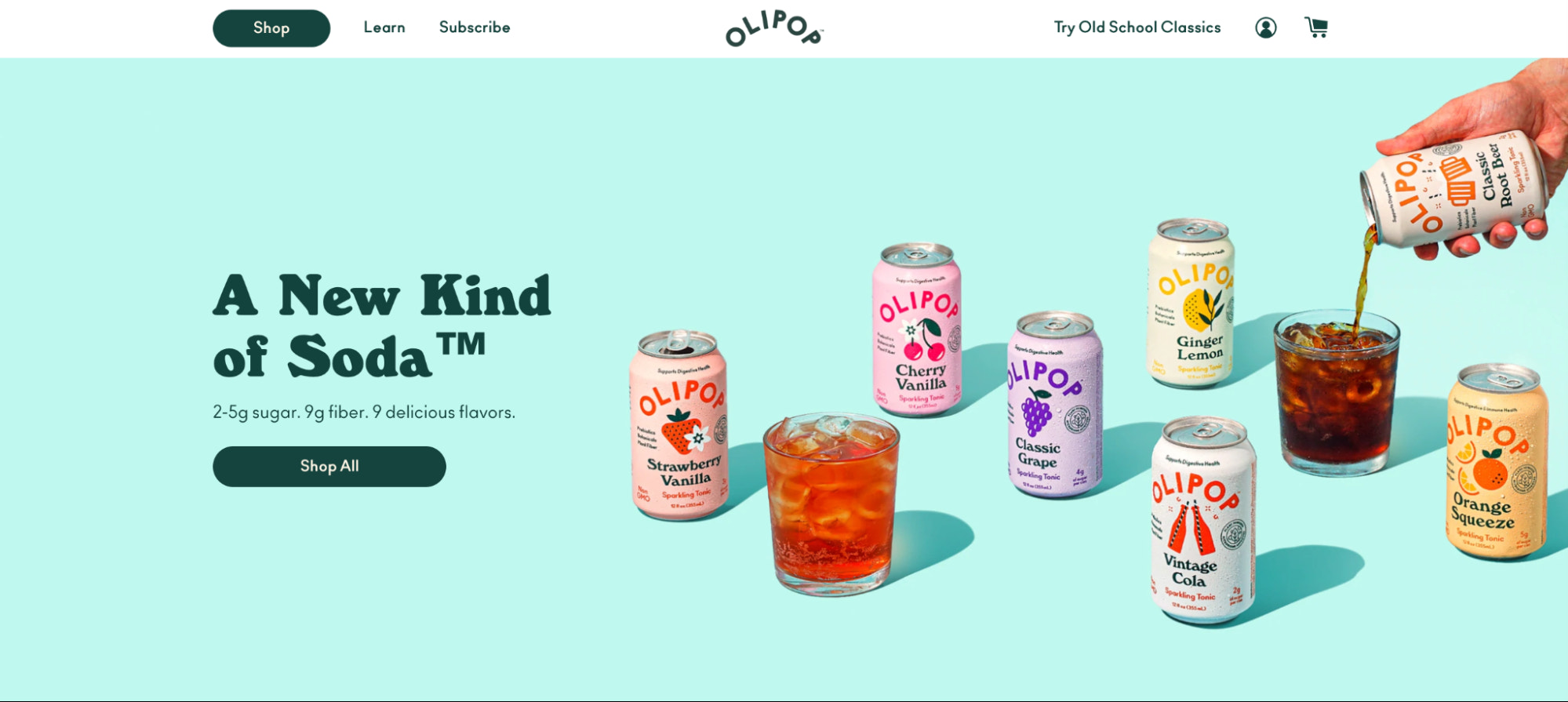 奥利波普的主页上有一系列的罐子和玻璃杯,背景是绿松石色