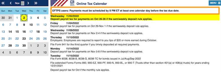 screenshot of IRS online tax calendar