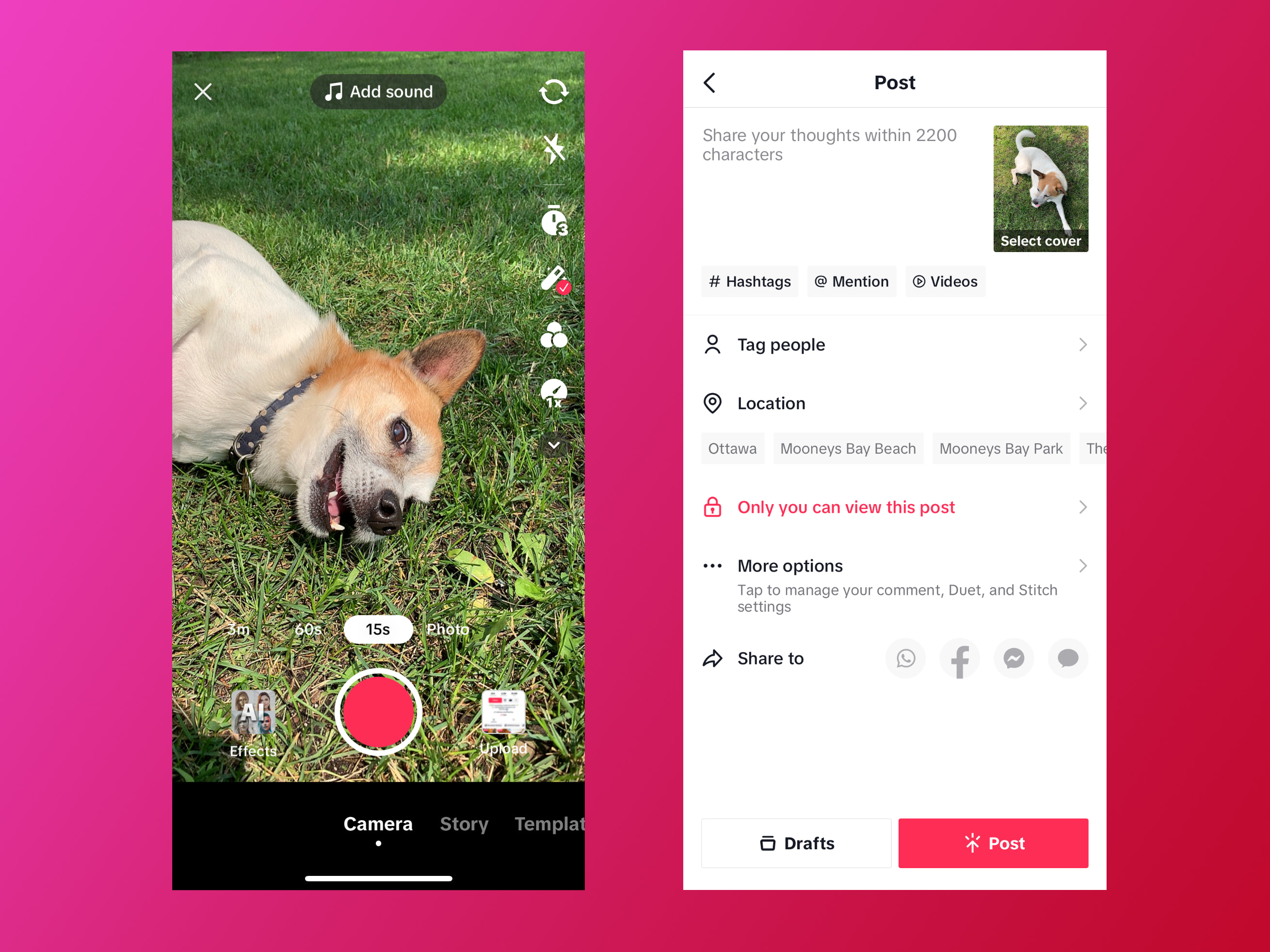 Side by side mobile version of the TikTok UI showing content creation