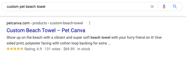 Screenshot example of Google's SERP showing rich snippets with 4.9 star ratings of 5, number of votes, price, and stock availability