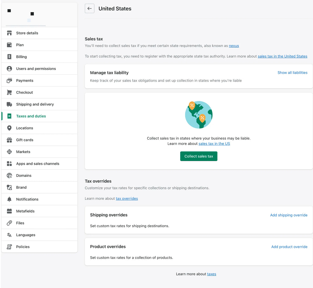 tax settings in shopify admin