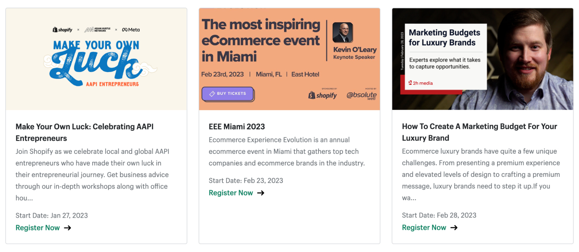 Screenshot of Shopify Community events.