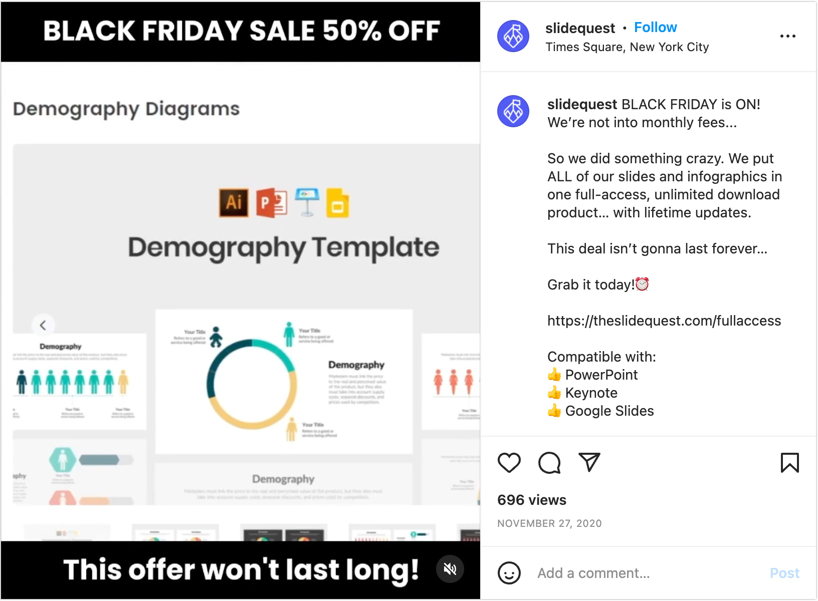 Slidequest’s Instagram post with a call to action that includes a video and time-limited offer.