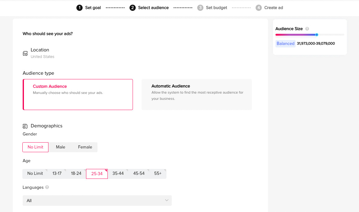 在制作TikTok广告时选择受众类型和规模