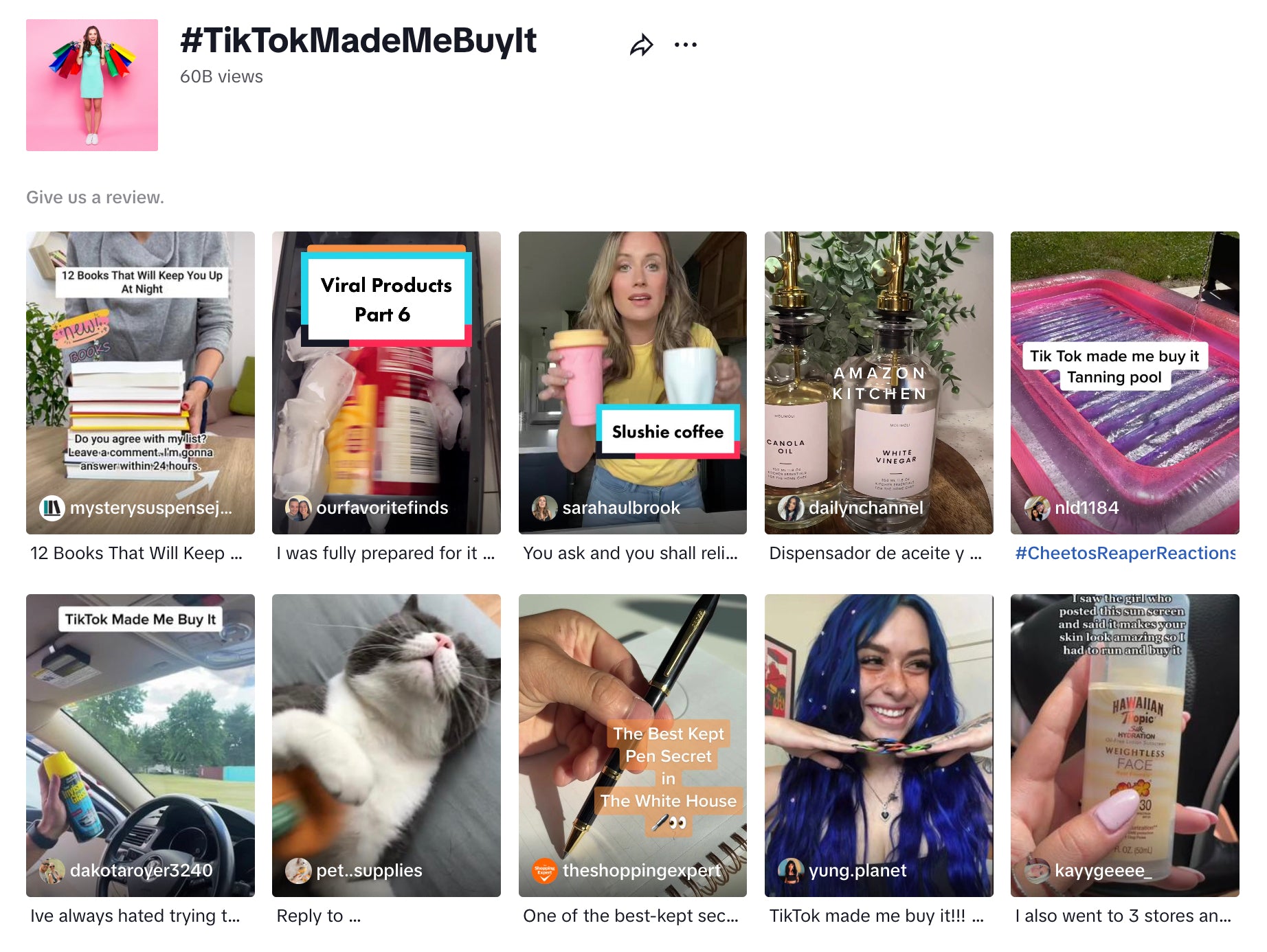 Screen showing content from the #tiktokmademebuyit trending hashtag