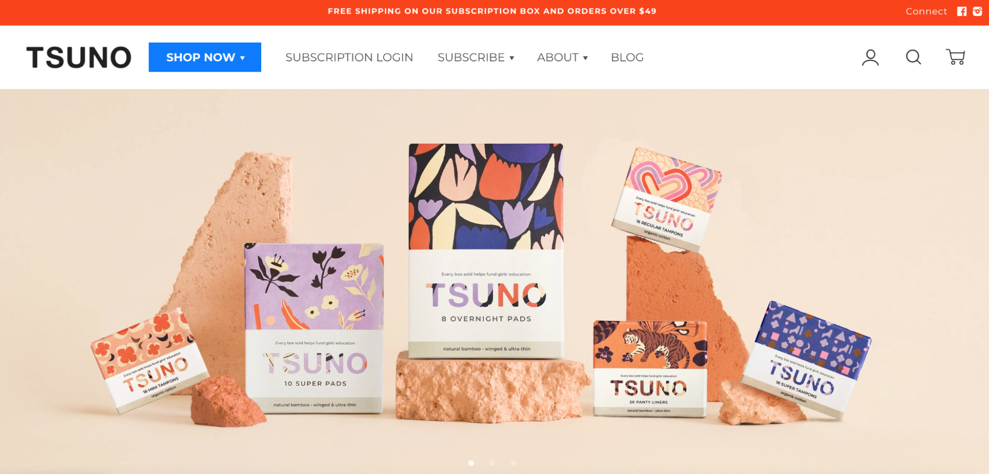 Tsuno的主页上有包装鲜艳的卫生巾