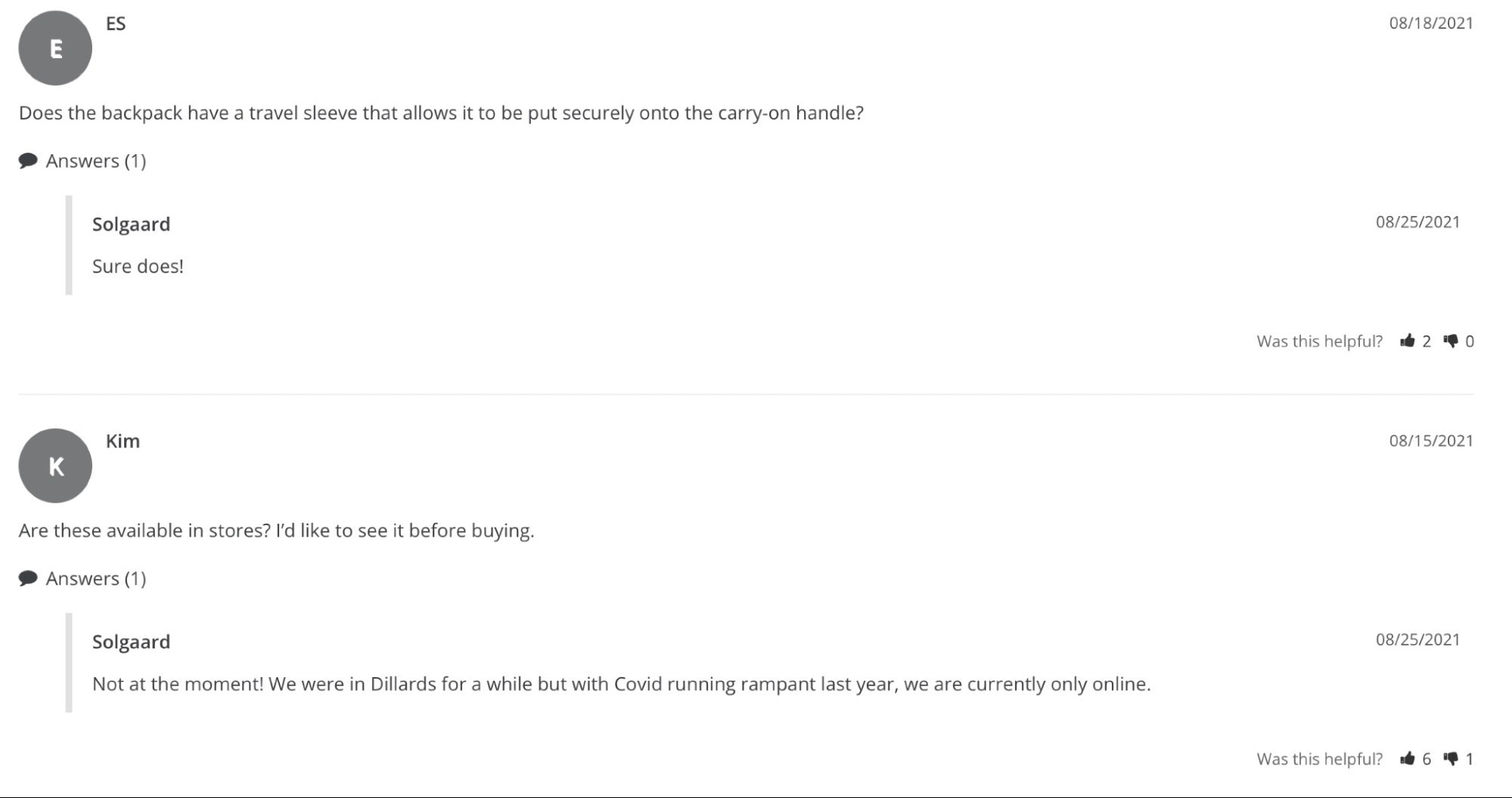 其产品评论轮询的答案部分的截图,用户可以在其中提出问题并得到回答