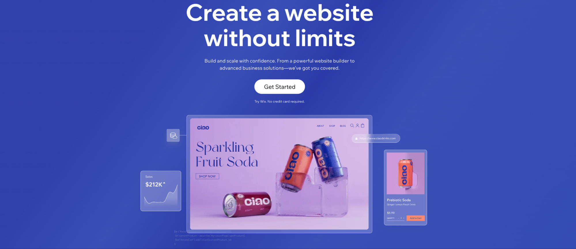 Ecommerce platform homepage with mockups for an online store that sells sodas.
