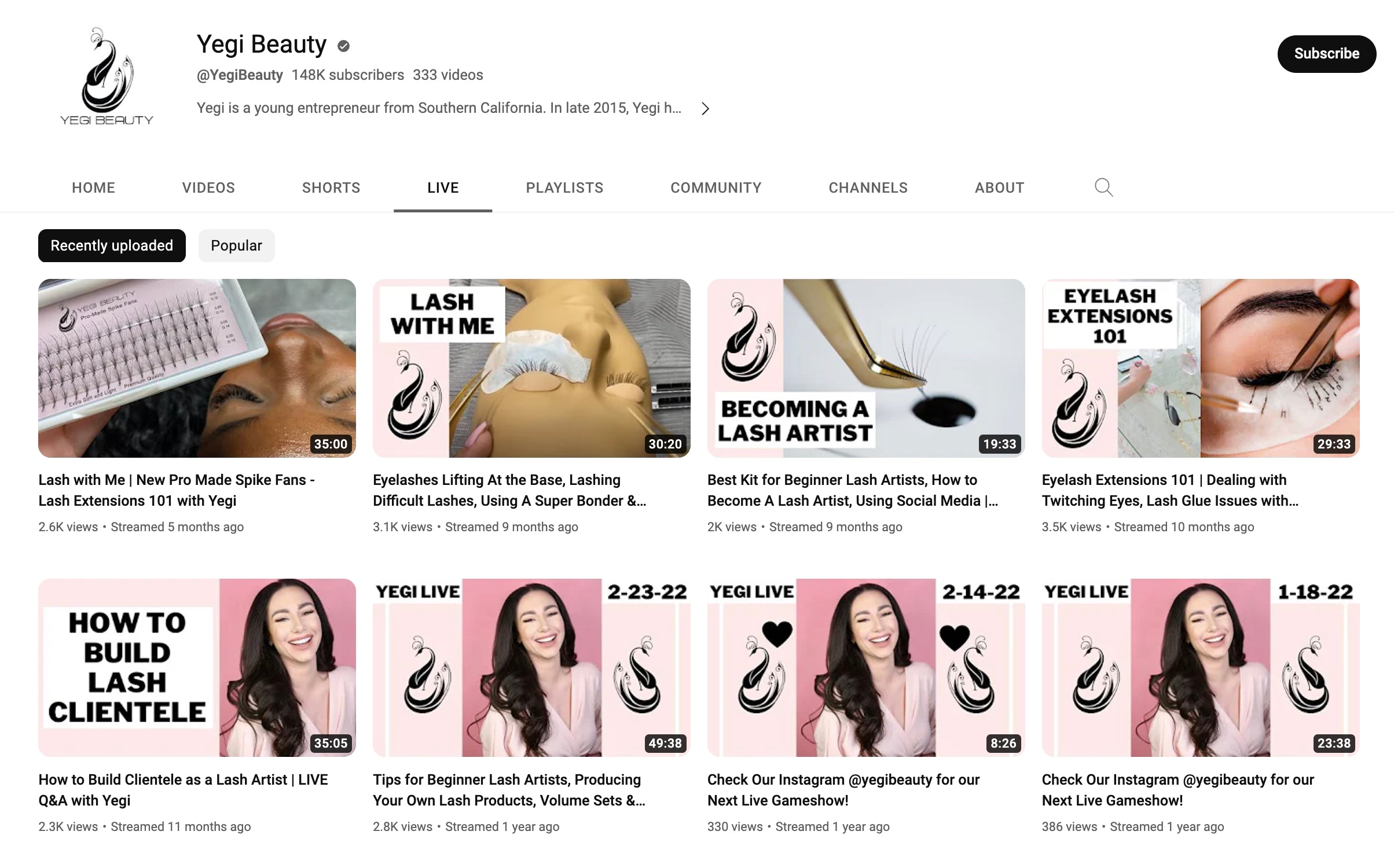 Yegi Beauty的YouTube频道截图