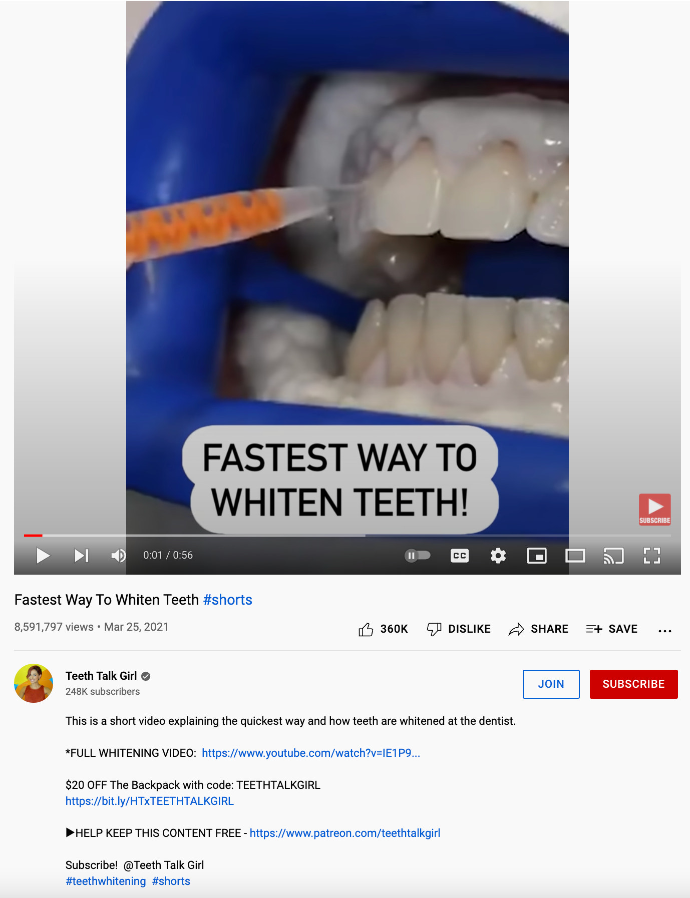 一个YouTube视频的例子,它使用短视频,并在描述中使用附属链接来推广产品