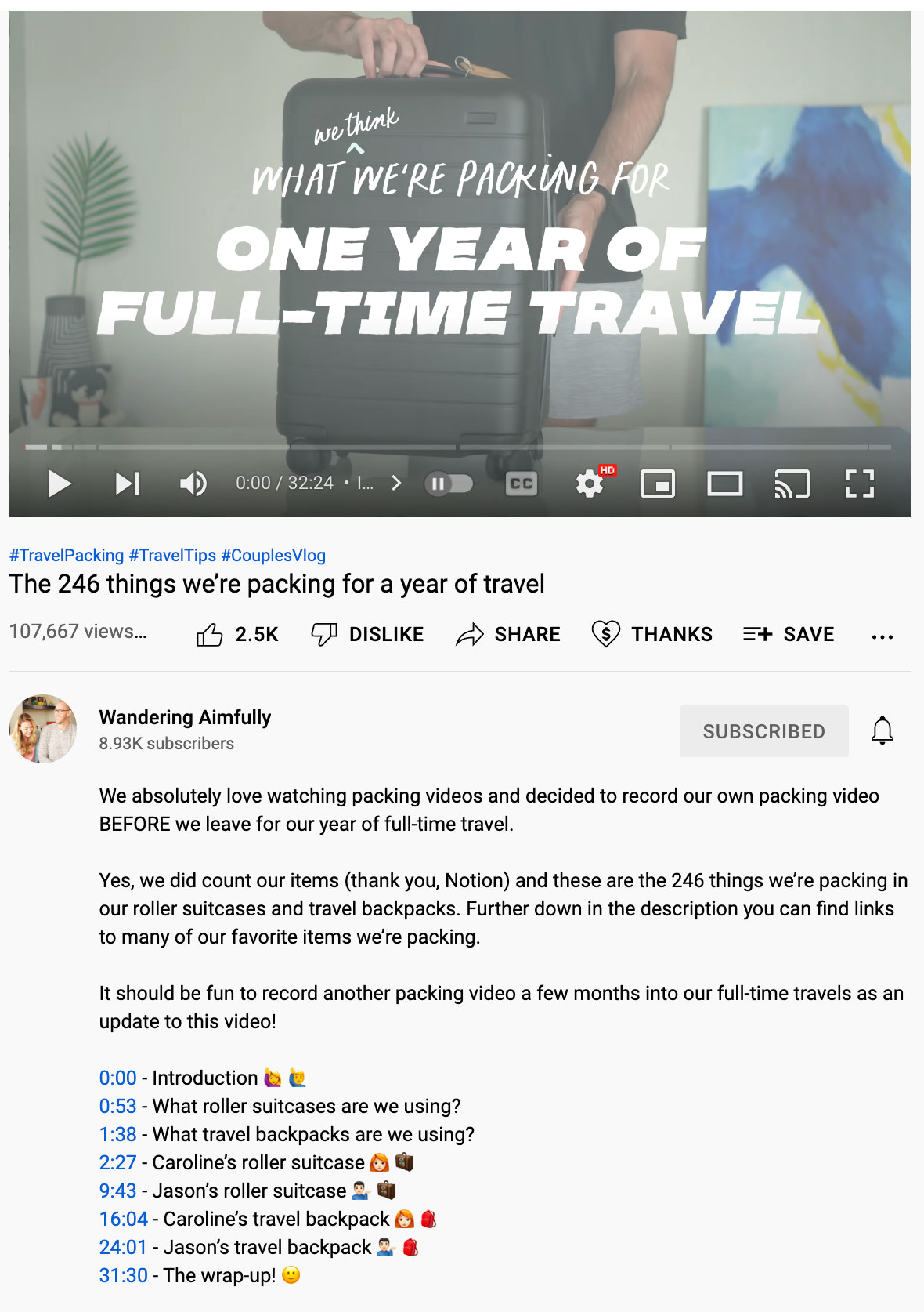 YouTube频道的图像,漫无目的地漫游,使用跳转链接让观众跳到他们想要观看的视频部分