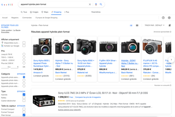Résultats de recherche Google Shopping