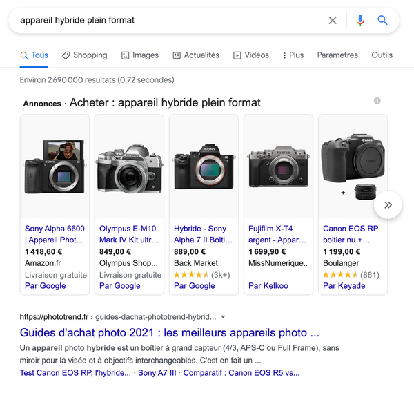 Annonces Google Shopping dans les résultats de recherche de Google