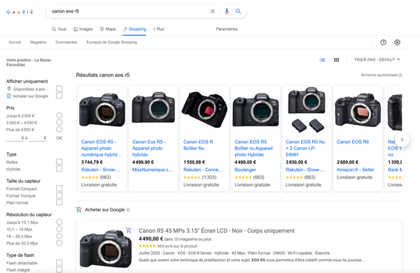 Aperçu des résultats de recherche dans Google Shopping