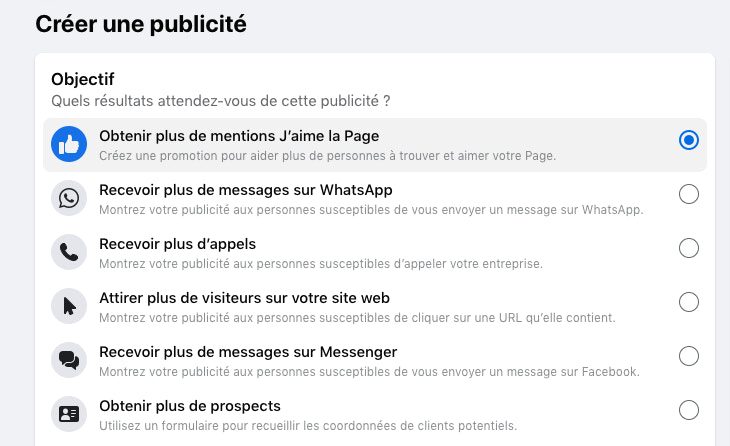 Objectifs de publicité Facebook