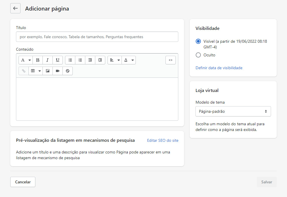 Como montar uma loja virtual na Shopify: captura de tela do admin da Shopify, mostrando como criar uma nova página ao site