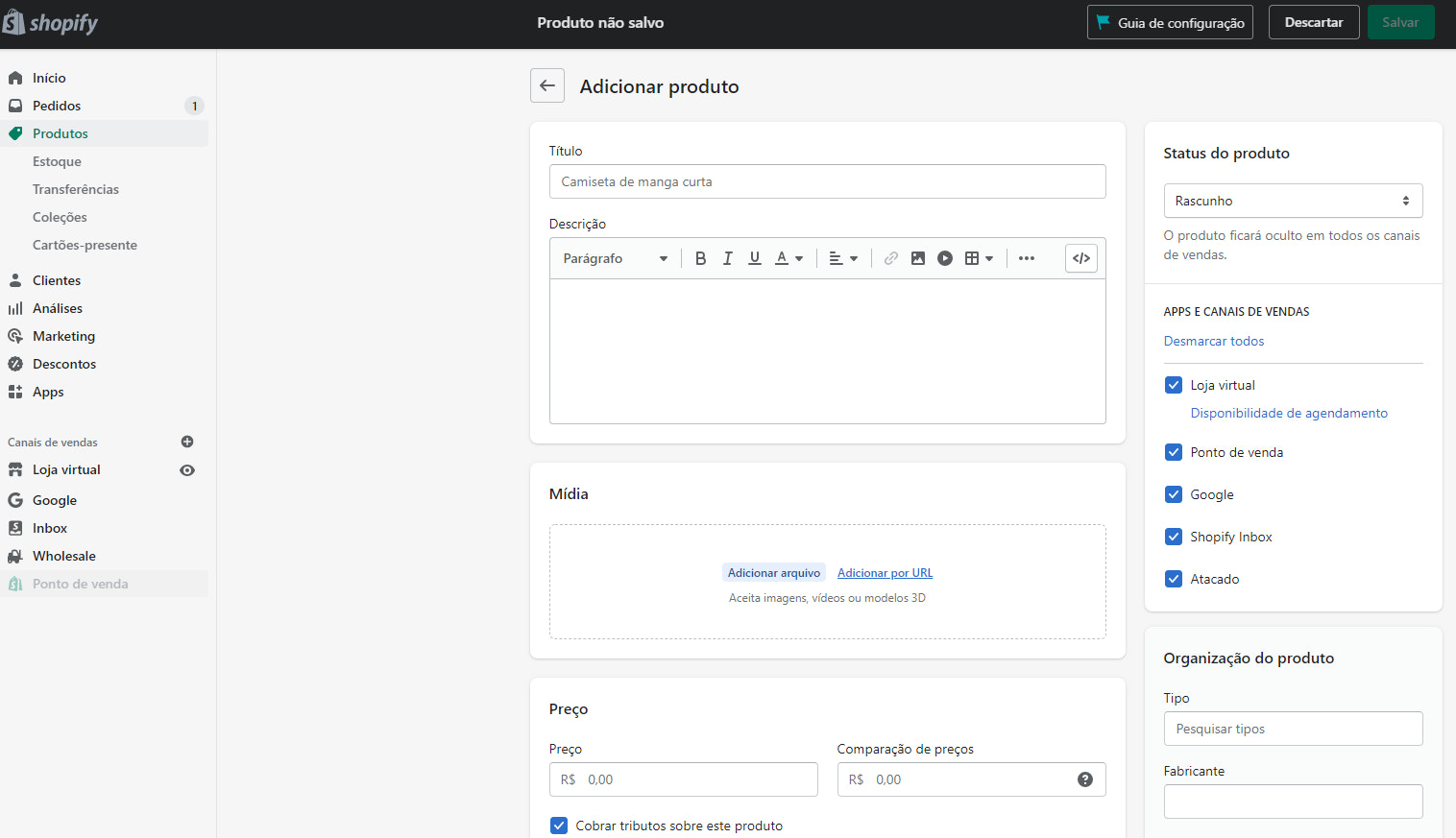 Como montar uma loja virtual na Shopify: captura de tela do admin da Shopify, mostrando a página para adicionar um novo produto