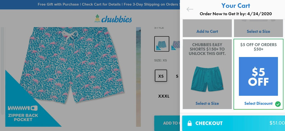 Carrinho da Chubbies com desconto adiciado