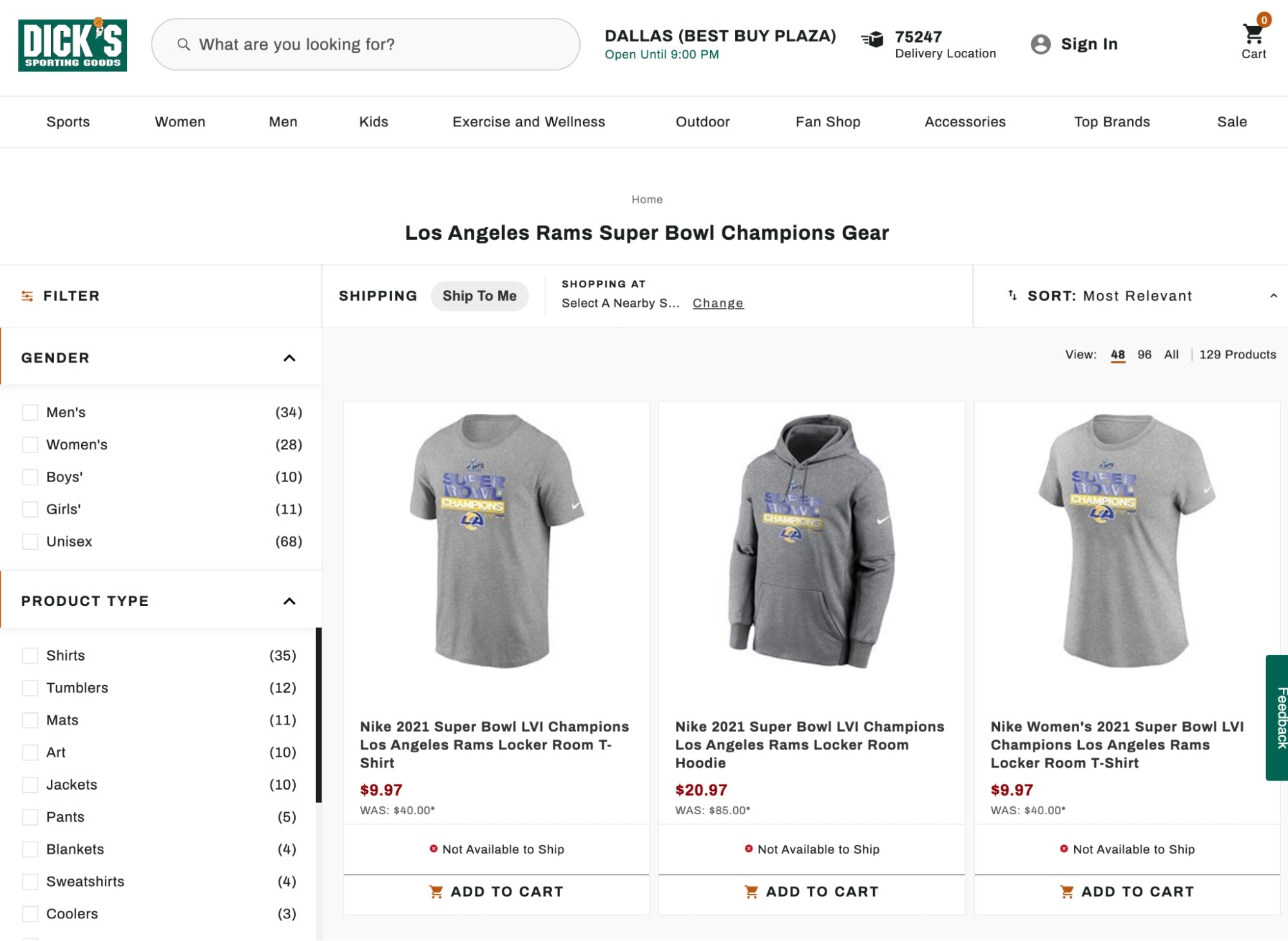 迪克体育用品以折扣价出售洛杉矶公羊队超级碗装备