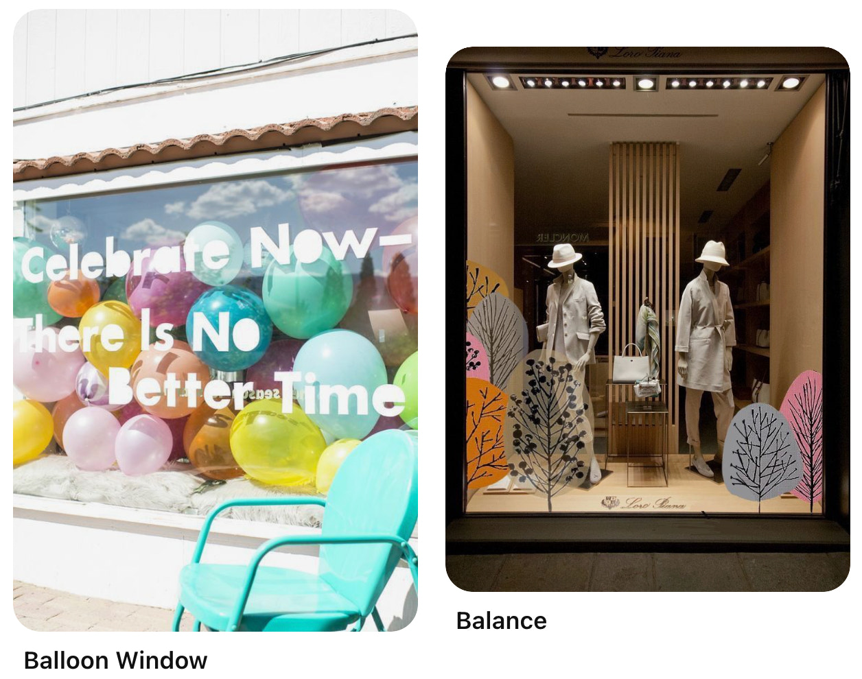 两个商店橱窗展示;一个满是brim with balloons and text on the window reads,