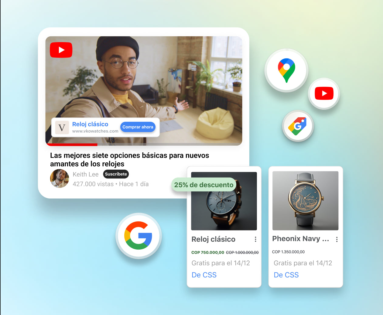 Video de YouTube en el que se muestra a un hombre con un reloj café en la muñeca hablando a la cámara. Sobre la ventana del video se muestra un recuadro de producto con dos relojes a la venta. Alrededor de las ventanas se muestran los logos de Google, Google Maps, Google Shopping y YouTube en tamaño pequeño.