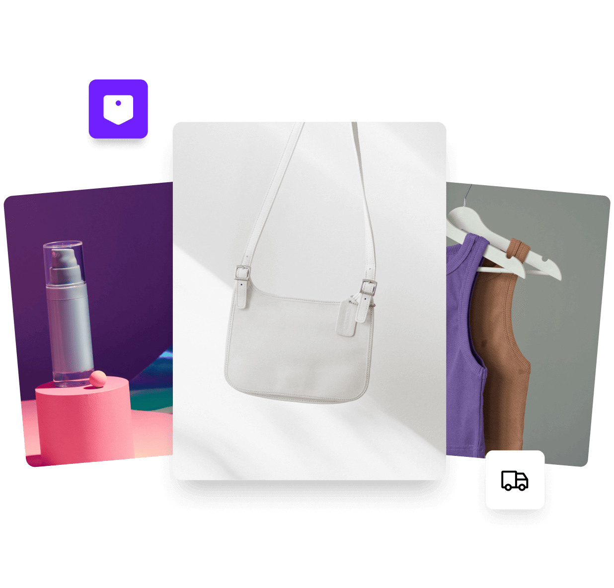 Trois photos de produits comprenant un spray cosmétique, un sac à main en cuir blanc et deux débardeurs sur cintres.