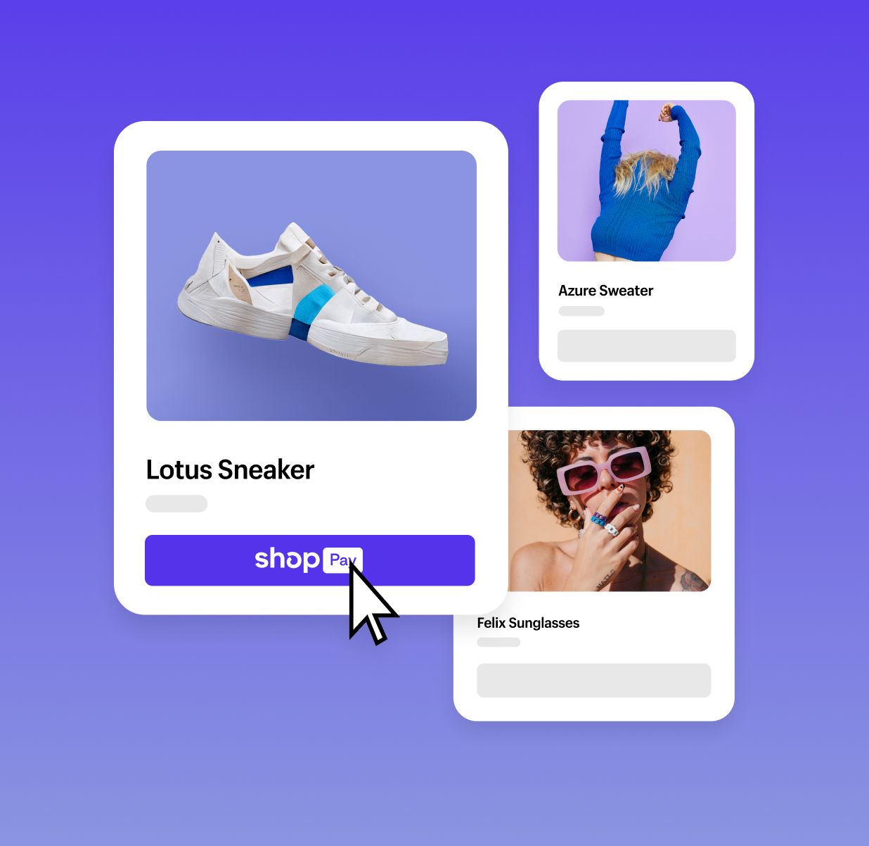 Exemples représentant le paiement sur mobile avec Shop Pay pour le règlement d’une paire de baskets, d’un pull bleu marine et de lunettes de soleil roses funky.