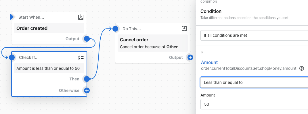 Example of a workflow that uses the less than or equal to logical operator to cancel an order if the retrieved data is less than or equal to 50