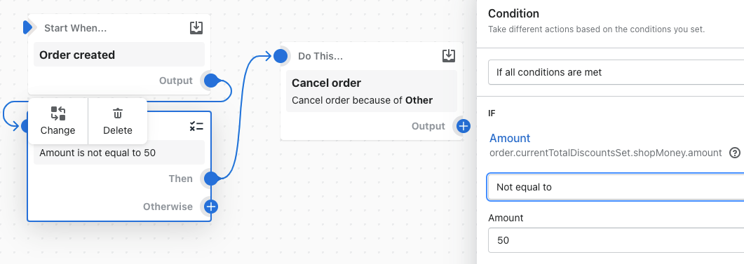 Example of a workflow that uses the not equal to logical operator to cancel an order if the retrieved data is not equal to 50