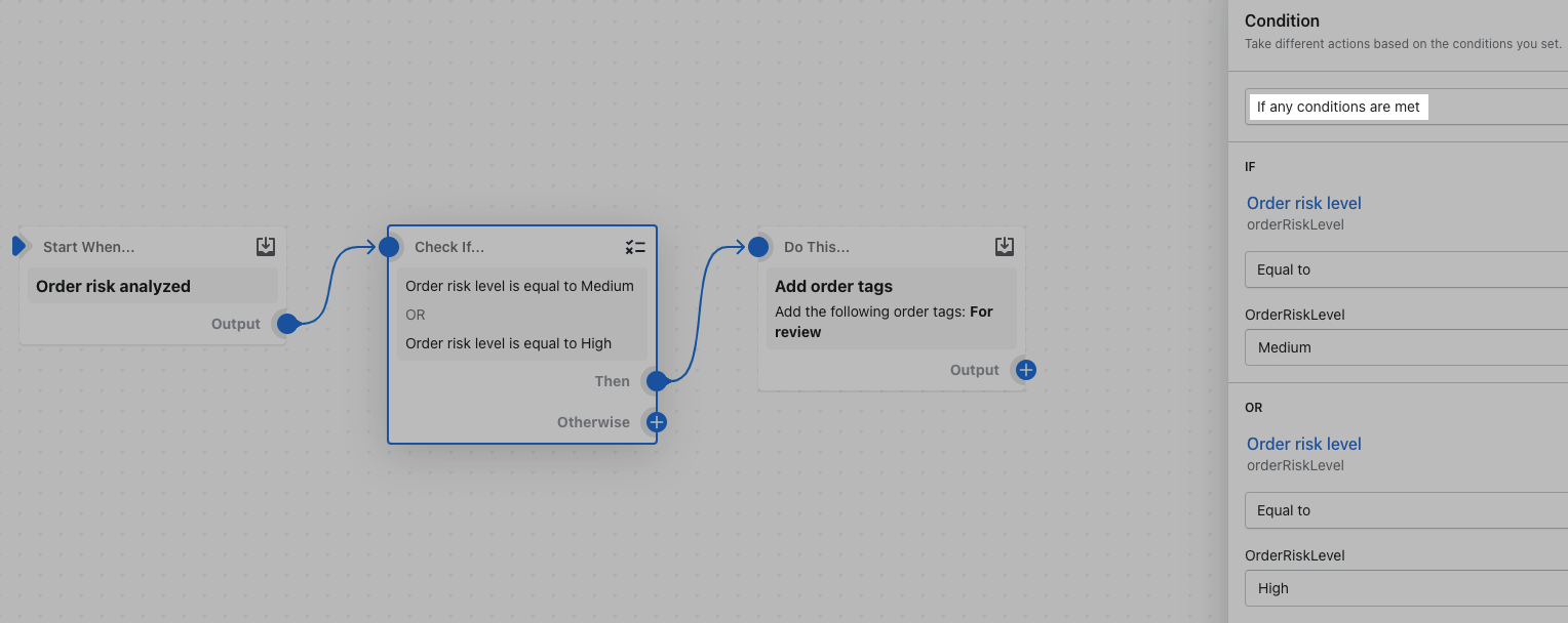 Example of a workflow that uses the or condition