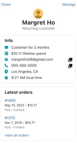 Customer profile shown on the Shopify Inbox mobile app.