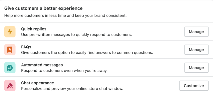 The customer experience card from the inbox dashboard with shortcuts to create or manage your quick replies, instant answers, and first reply, and a button to customize the appearance of chat options.