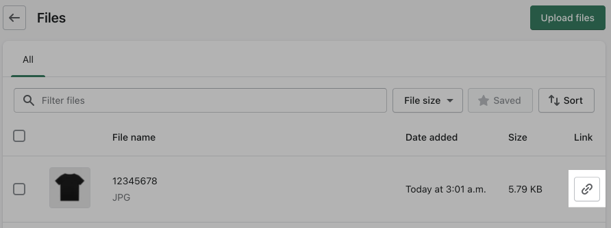 In the Shopify admin Files page, the link button is highlighted in the row of a black t-shirt image.