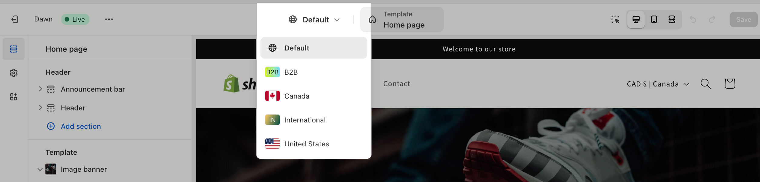 Screenshot of the new context drop-down menu that displays beside the template drop-down menu at the top of the customizing theme page.