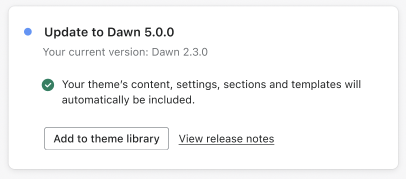 Sample online store with a verified Dawn theme update available.