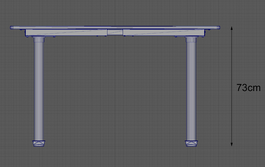 The side view of a table model that's built to the same height as the real table (73cm).