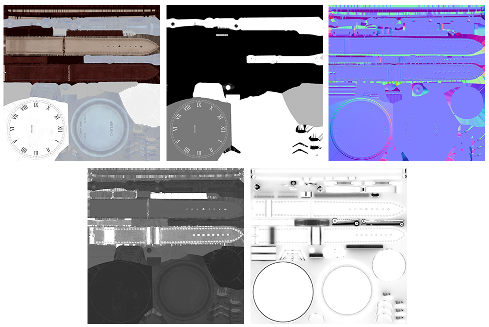 Five texture maps for a watch model.